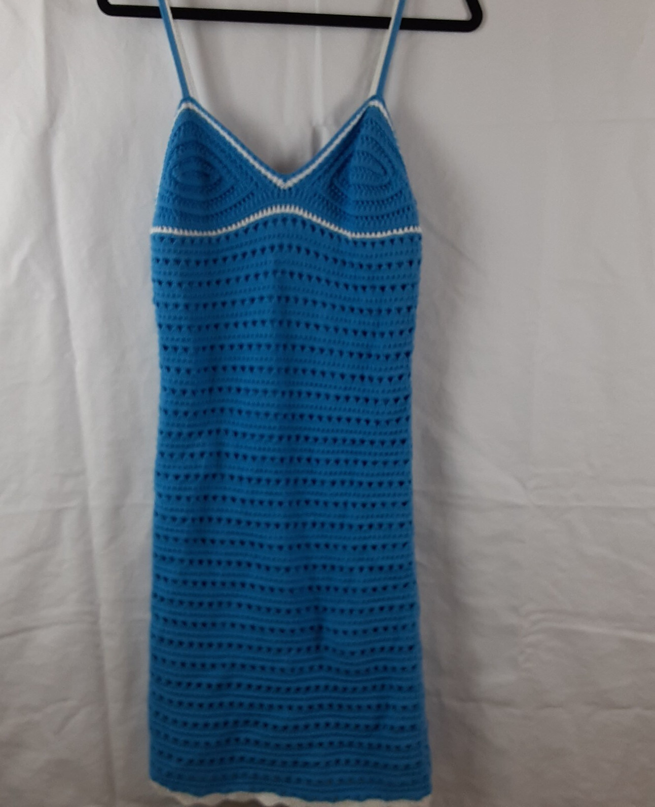 Willow & Wind Womens Small Blue Crochet Summer Dress Sleeveless White Trim