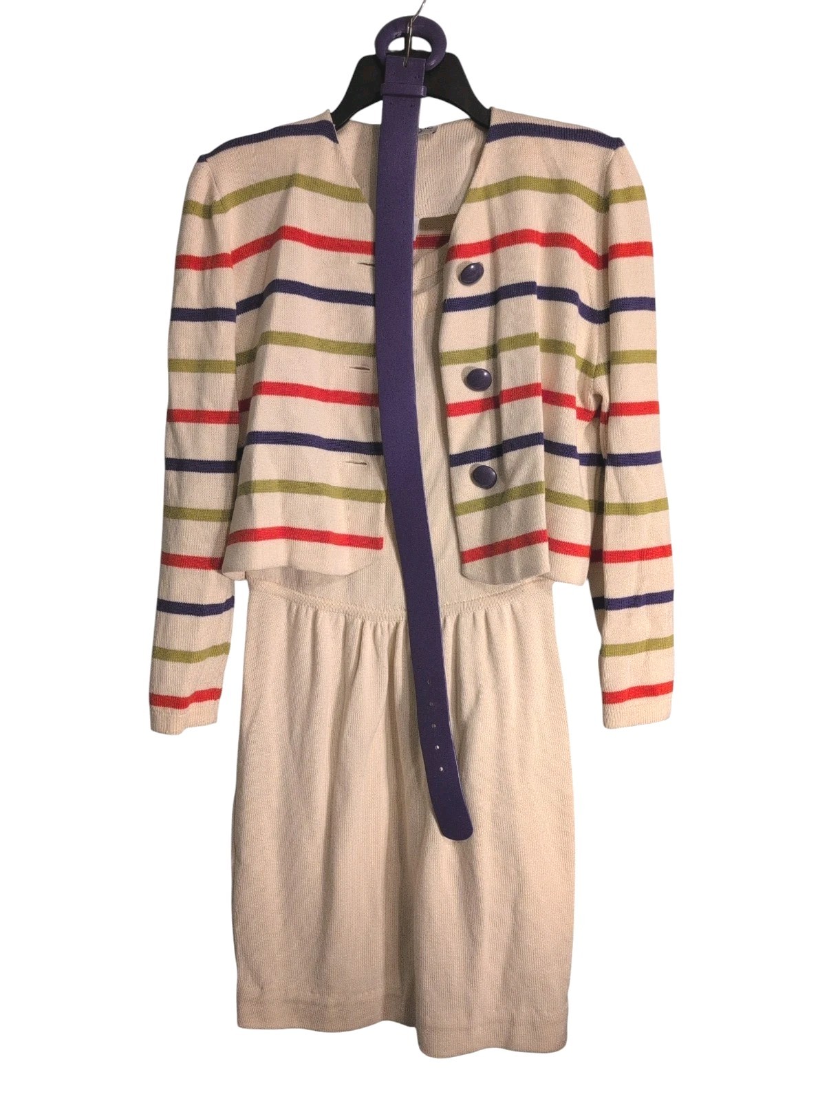 Vintage St John Marie Gray 3 Piece Dress Cardigan Belt Knit USA Casual Career 2
