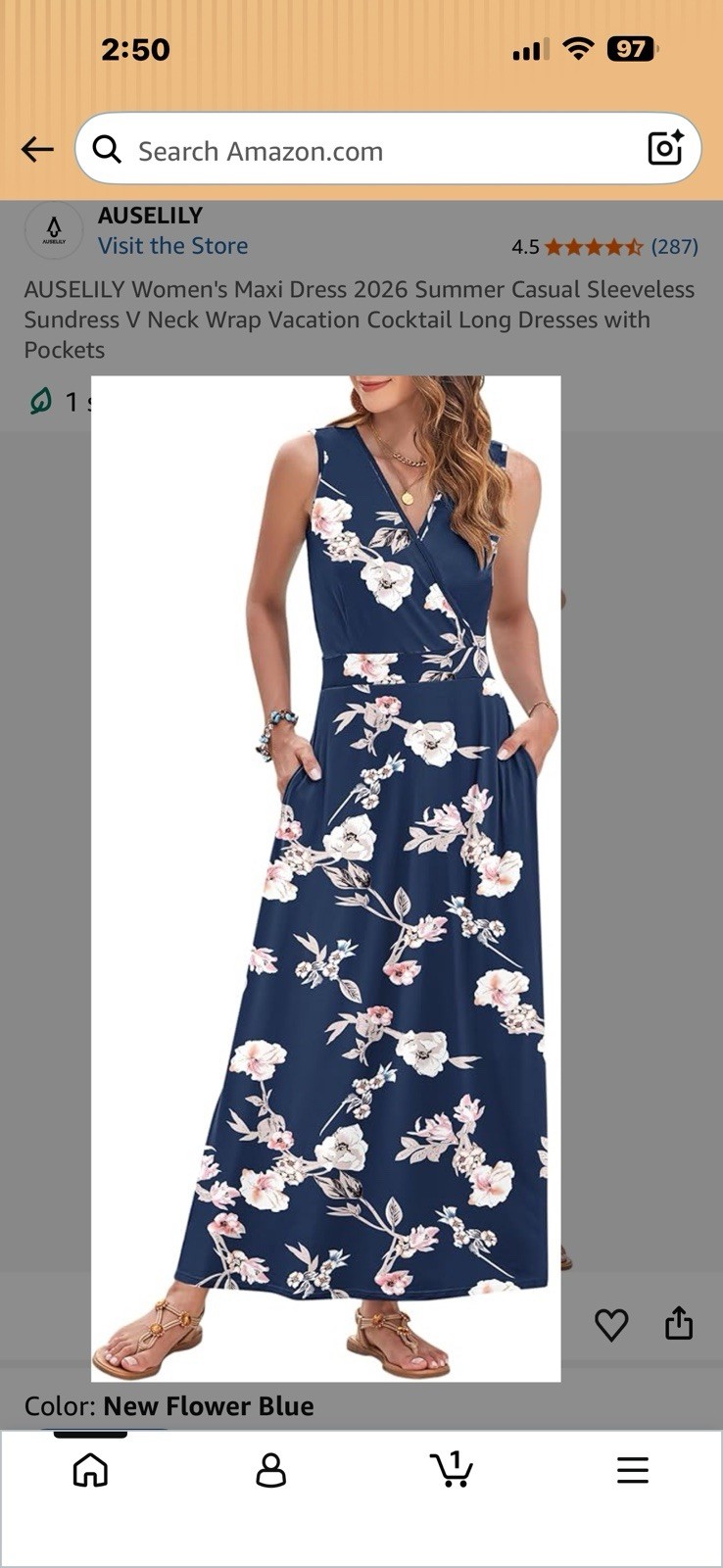 Auselily Dress New Flower Blue Size Large w/Pockets-BNWT