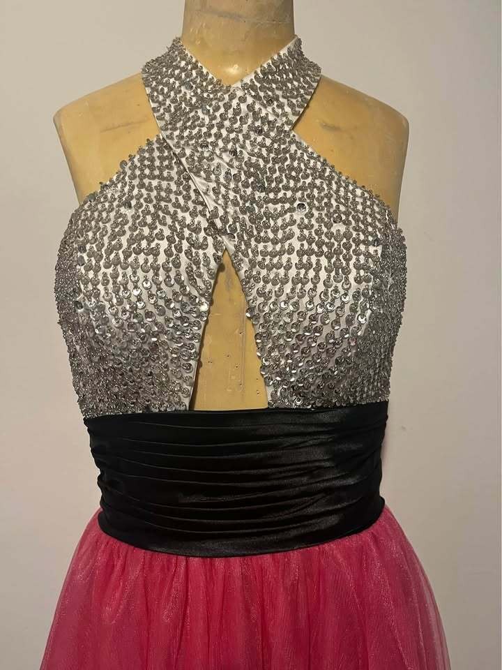 Sequin Halter Neck Gown with Pink Tulle Skirt