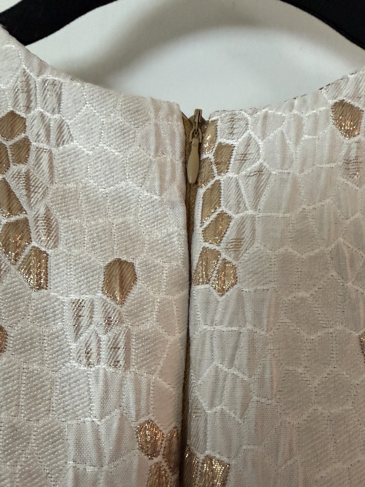 Ivory Gold Jacquard Geometric Fit & Flare Knee Dress 3/4 Sleeve Size S