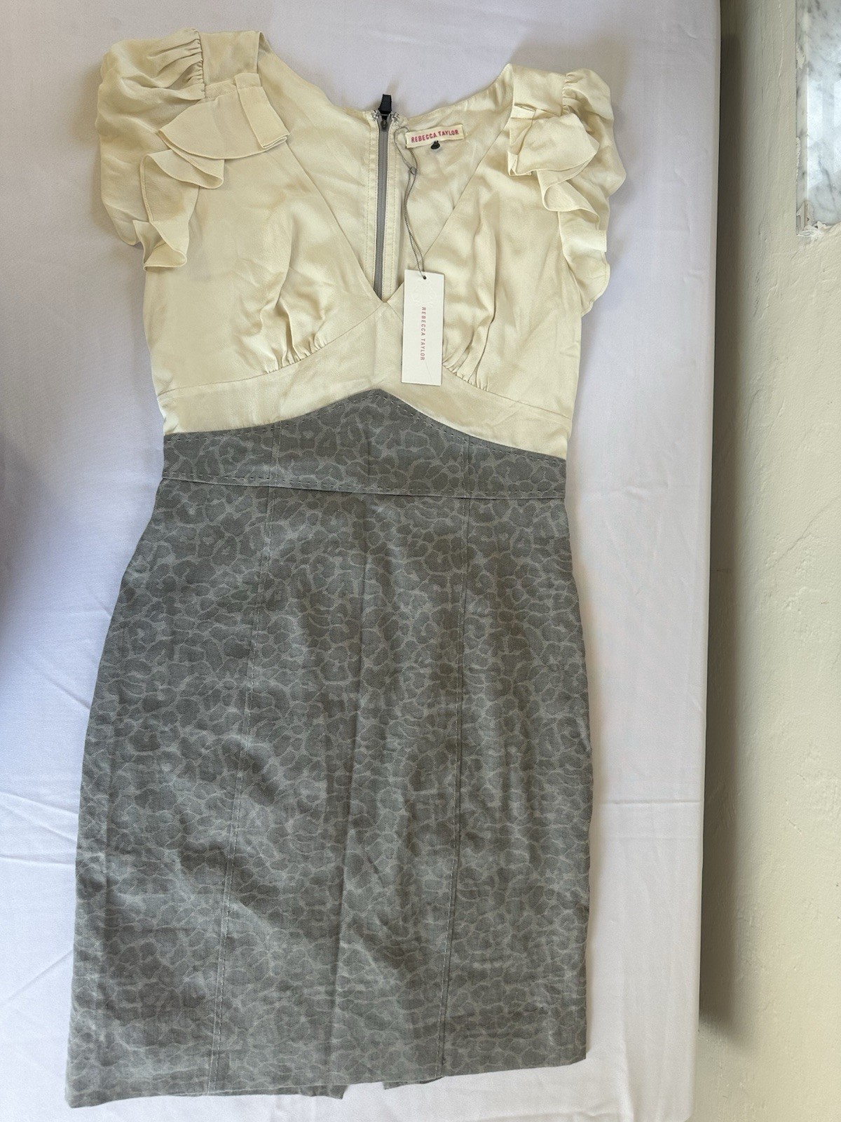 NWT Rebecca Taylor Mixed Media Silk Ruffle Sheath Dress Pavement Gray Ivory 12
