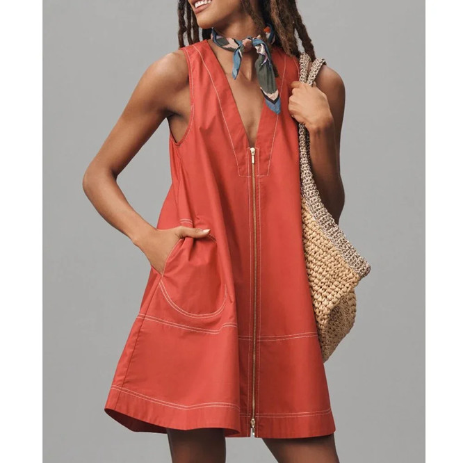 By Anthropologie Sleeveless V-Neck Swing Mod Mini Tunic Dress Jumper Red M $148