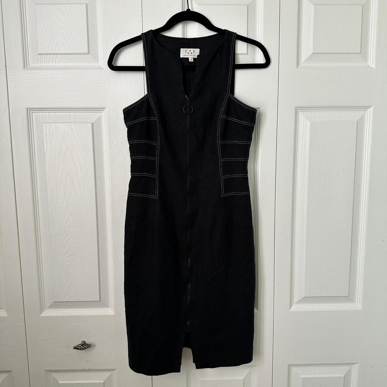 David Meister Black Linen Blend Contrast Stitch Zip Front Sheath Dress Size 4