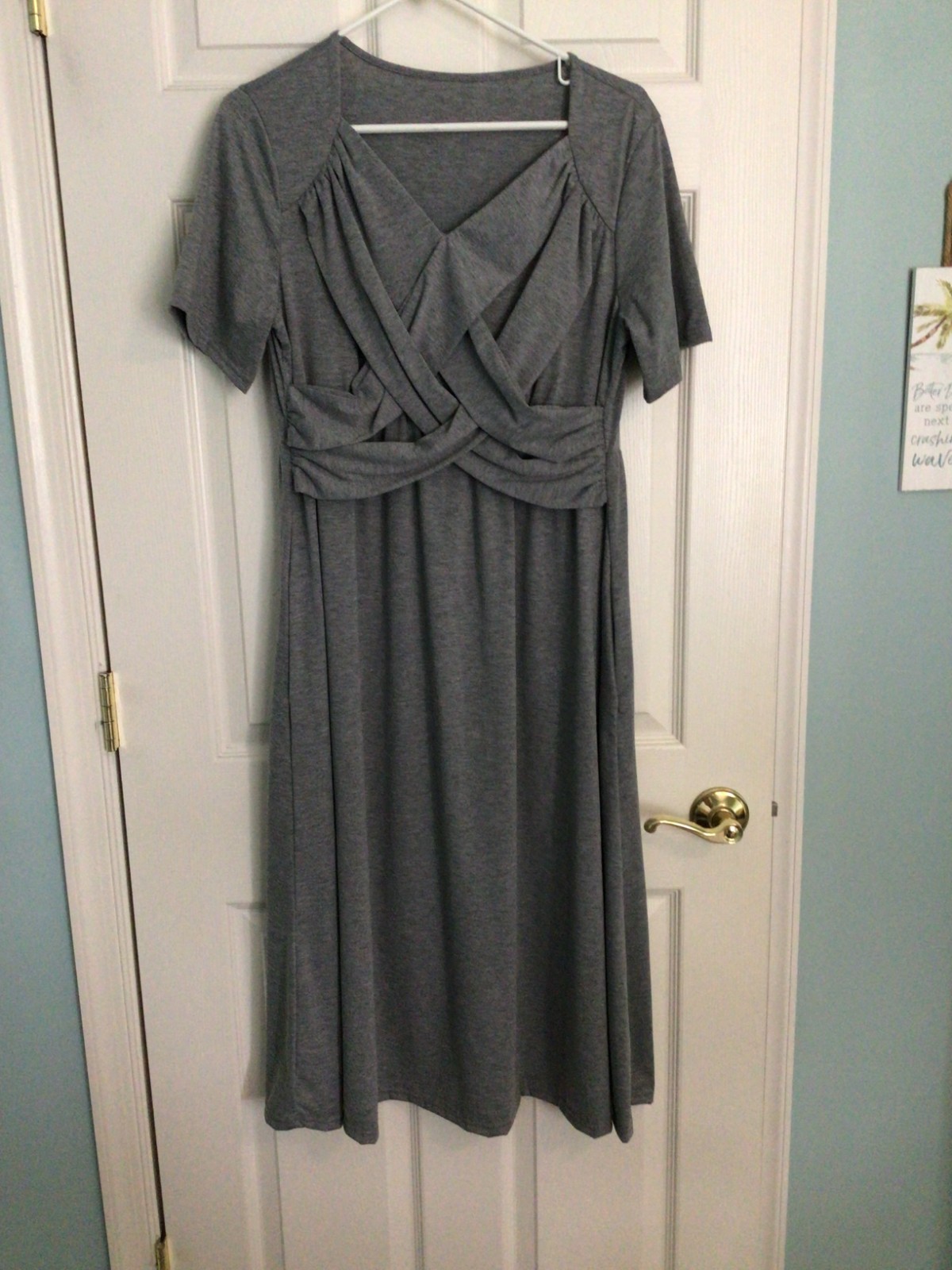 Criss-Cross Front V Neck Beach Sundress Short Sleeve Maxi Dress, Gray, Size XL