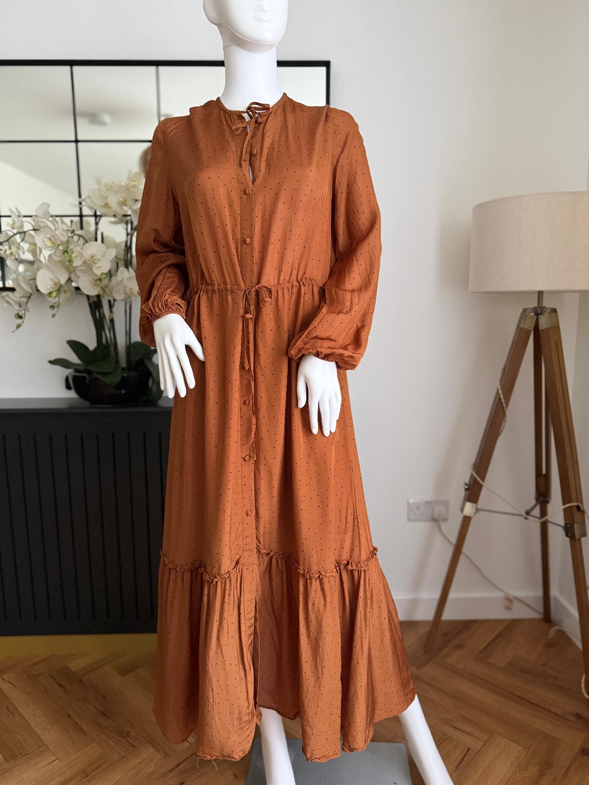 Other Stories polka dot ruffled midi dress in Brown UK 10 EU 38 S