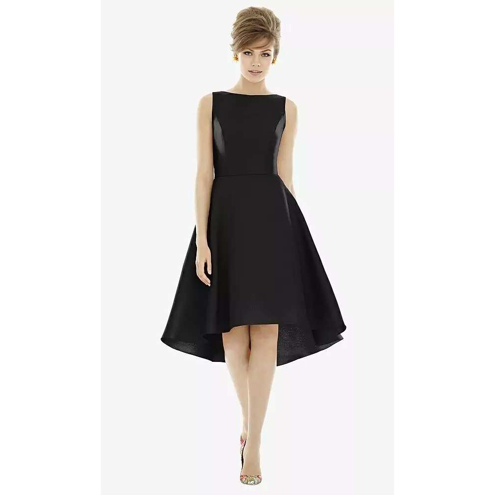 NEW Alfred Sung Bateau Neck Satin High Low Cocktail Dress Size 12 Black Formal