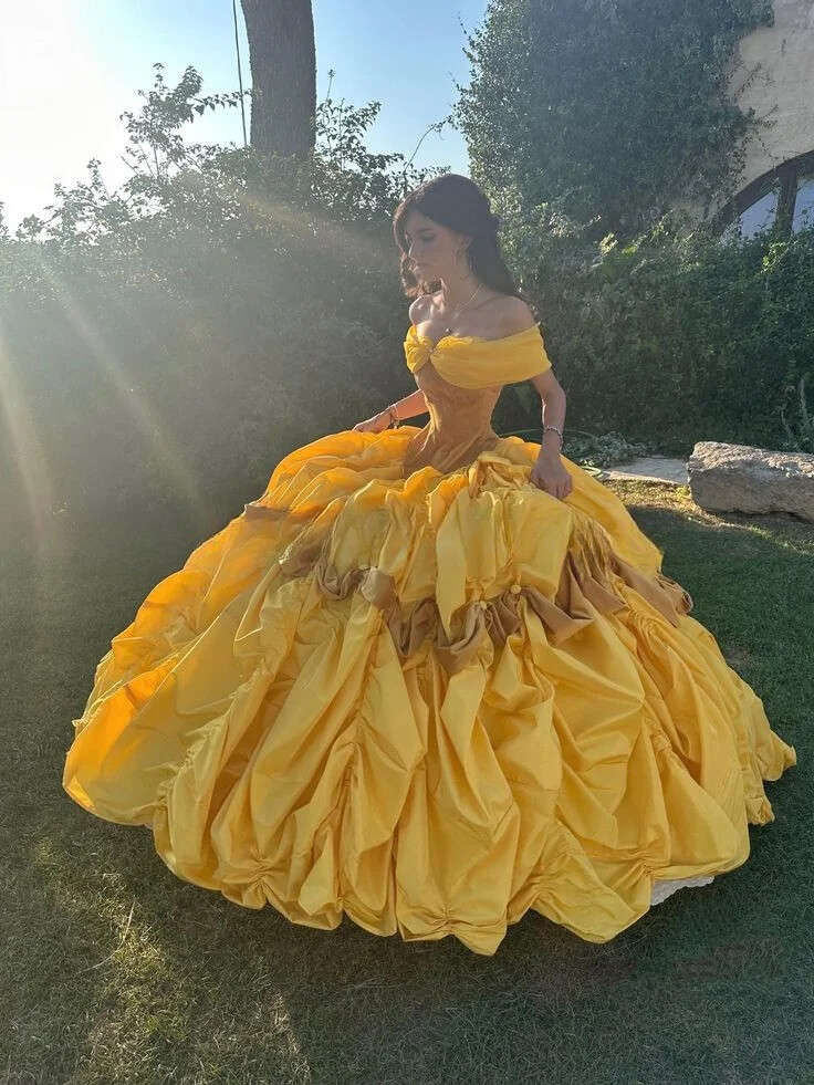 Off-shoulder Princess Quinceanera Dresses Gold Satin Victorian Cosplay