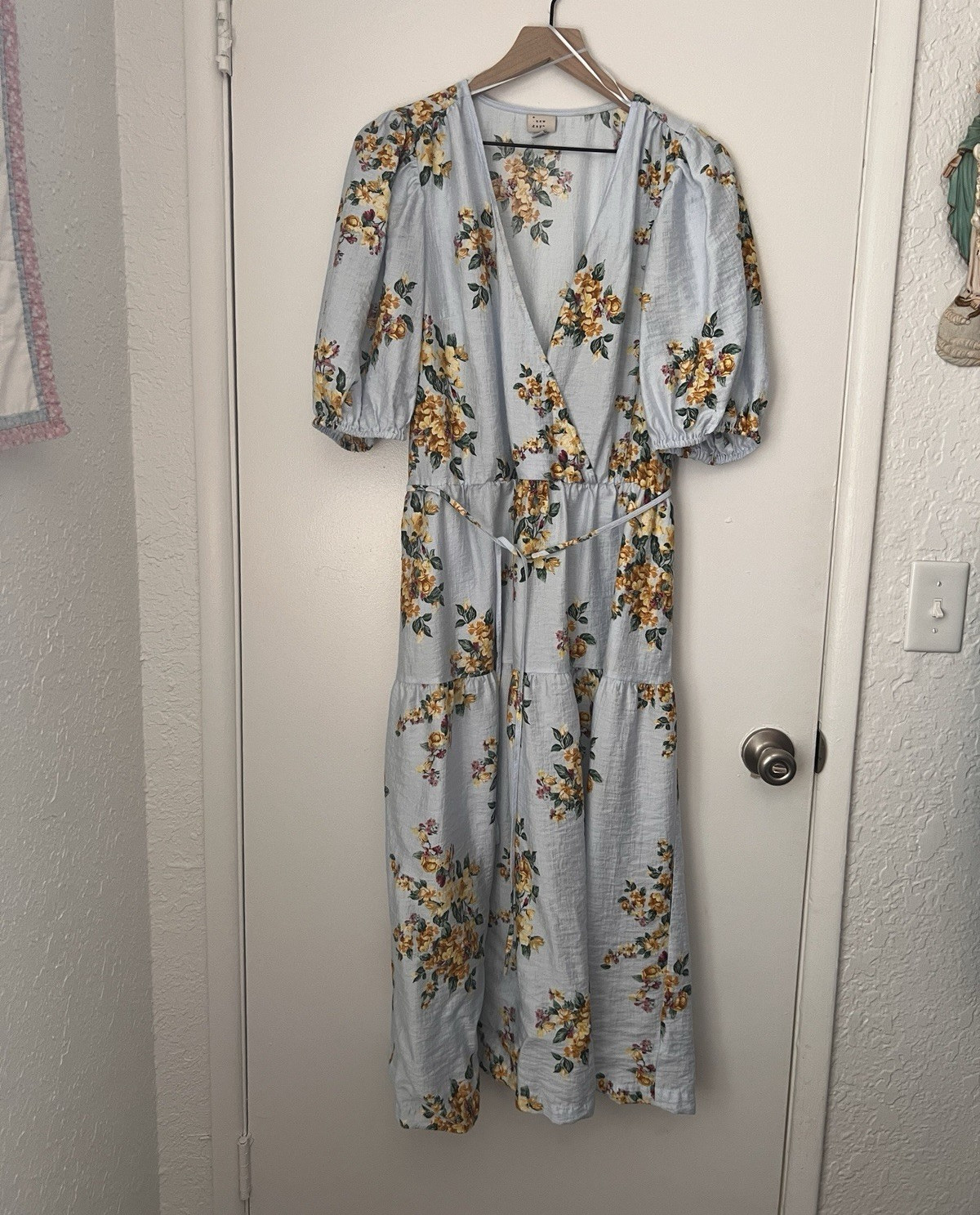 A New Day Blue Floral V-Neck Puff 3/4 Sleeve Tie Waist Maxi Dress XL Pockets