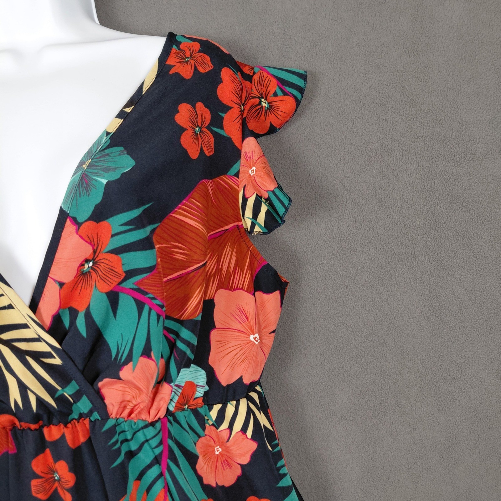 Tropical Floral V-Neck Ruffle Mini Dress Flutter Sleeve Tie Back High Waist ?Lg?