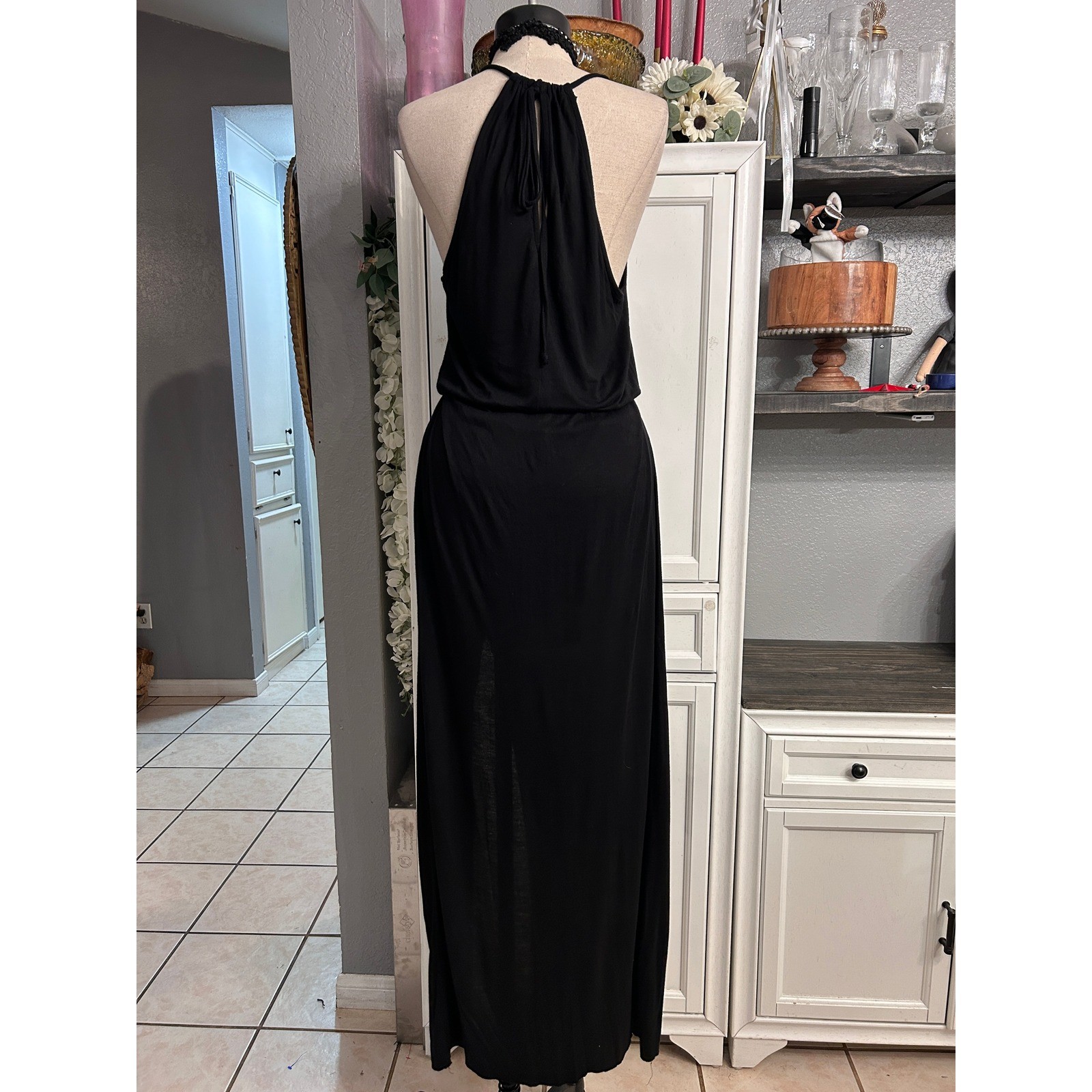 Black Halter Maxi Dress High Slit Elastic Waist Stretchy LARGE Summer Vacation