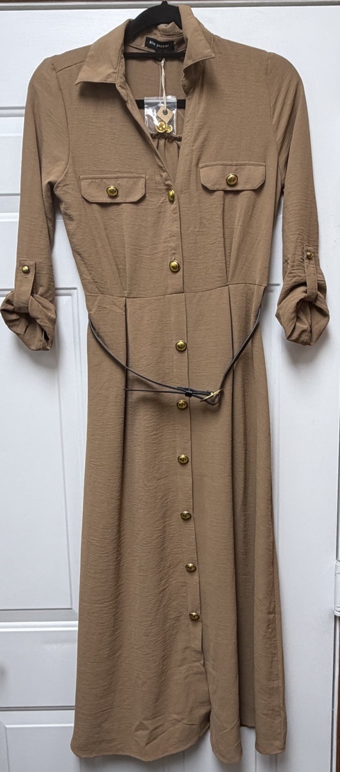 Blu Pepper Tan Midi Shirt Dress Button Front Size Small Belted Waist Polished