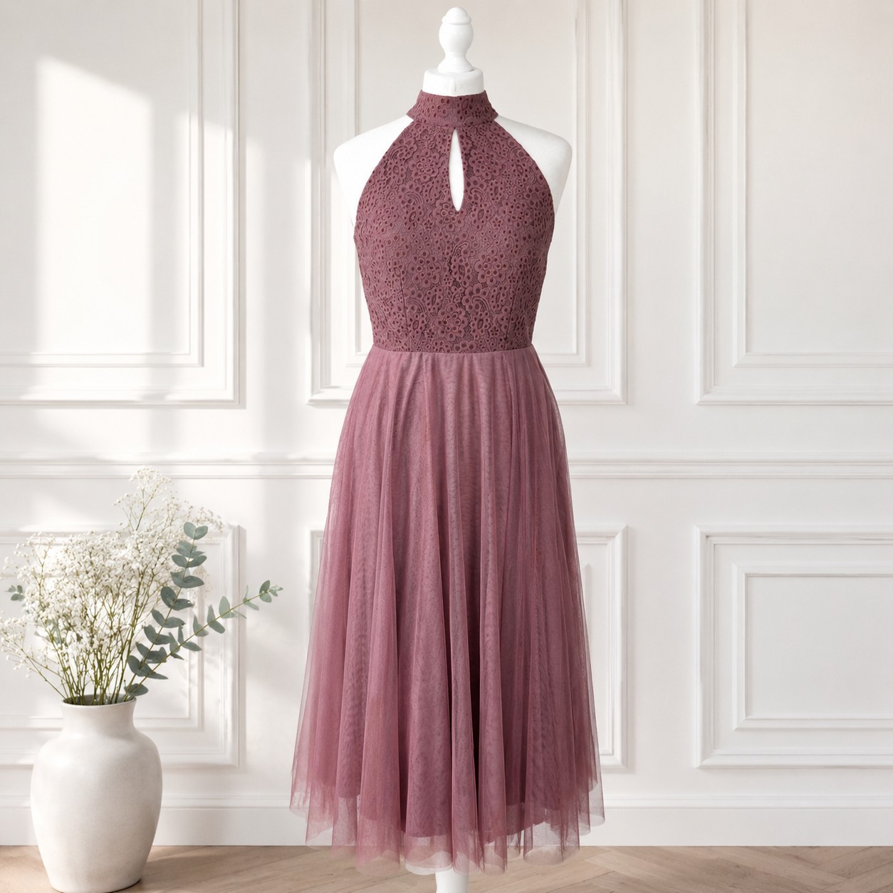 Little Mistress Dusty Pink Lace Tulle Midi Dress UK 10 Prom Wedding Bridesmaid