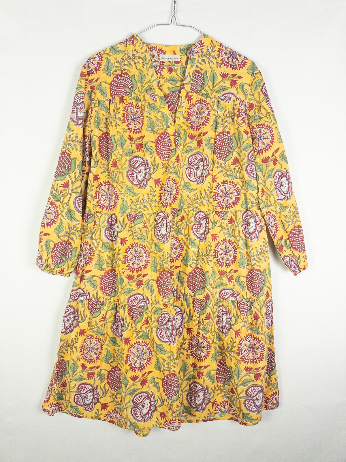 Fitzroy & Willa Tiered Mini Dress Womens M Yellow Floral Block Print Boho Festiv