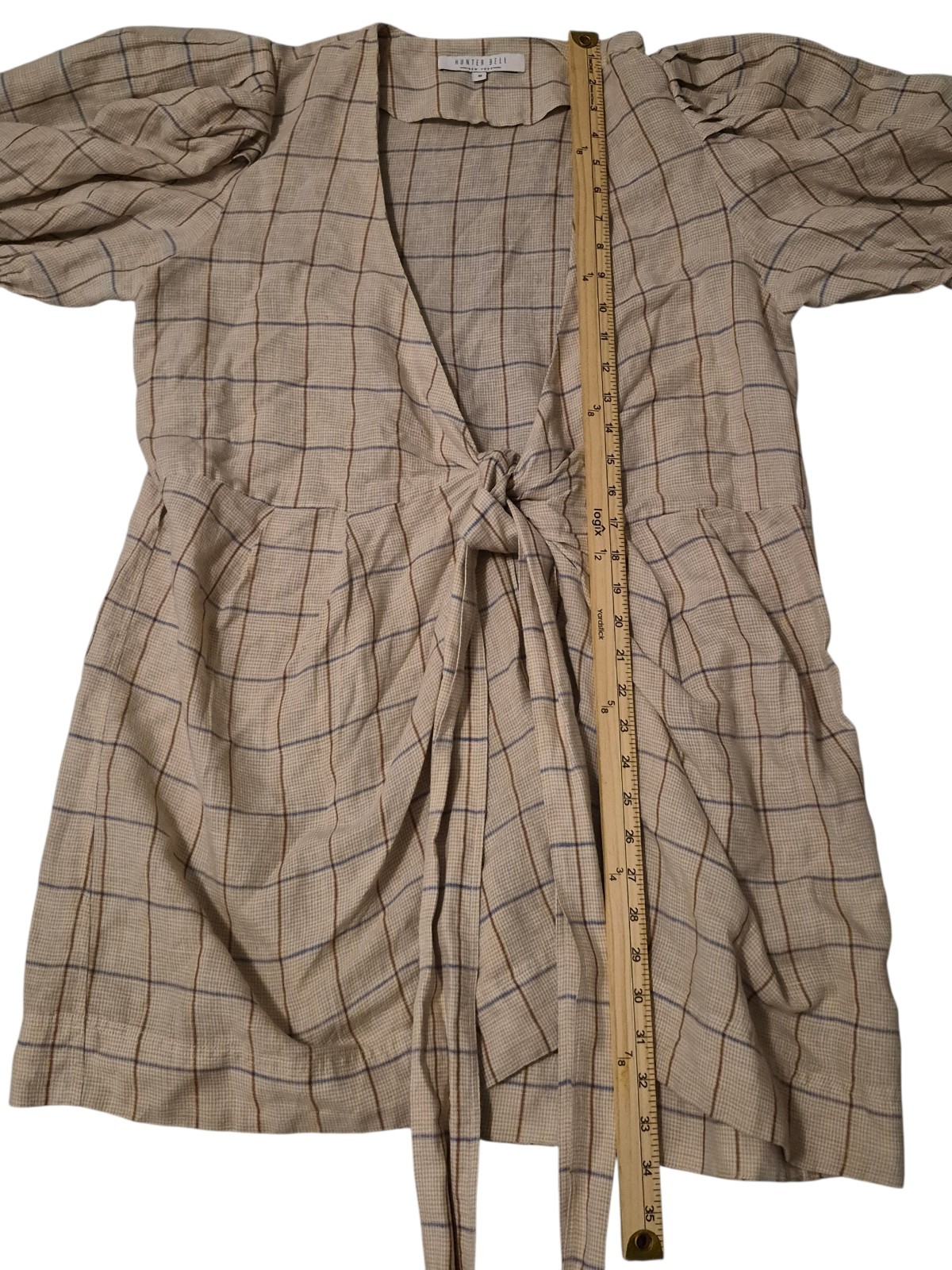 Hunter Bell Mini Plaid Dress M Linen Blend Wrap Puff Sleeve Neutral Preppy