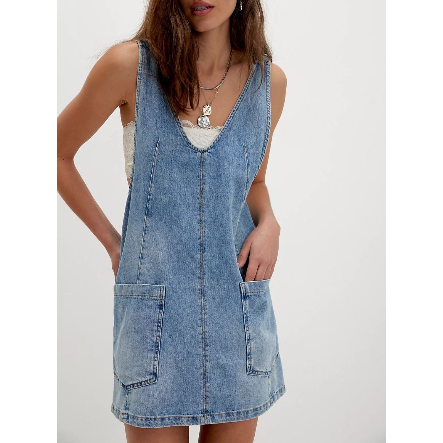 Free People High Roller Skirtall Medium Denim Overall Mini Dress Western Boho