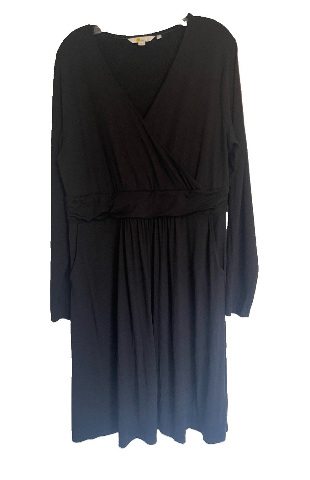 Boden Black Jersey Faux Wrap V-Neck Long Sleeve Dress, Below Knee, Size 14 R