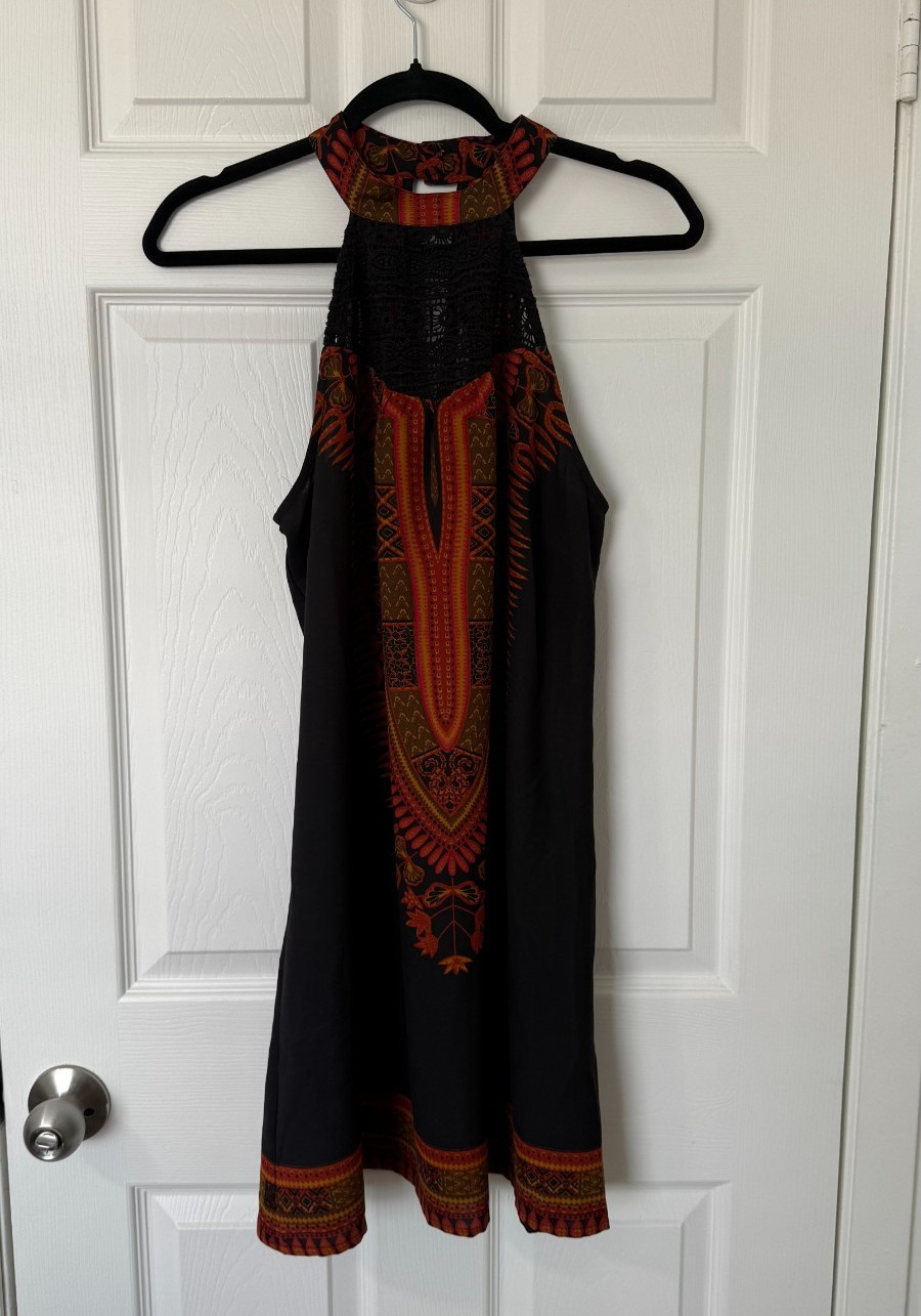 American Rag Women’s Halter Dress Small Boho Tribal Print Black Orange Lace Back