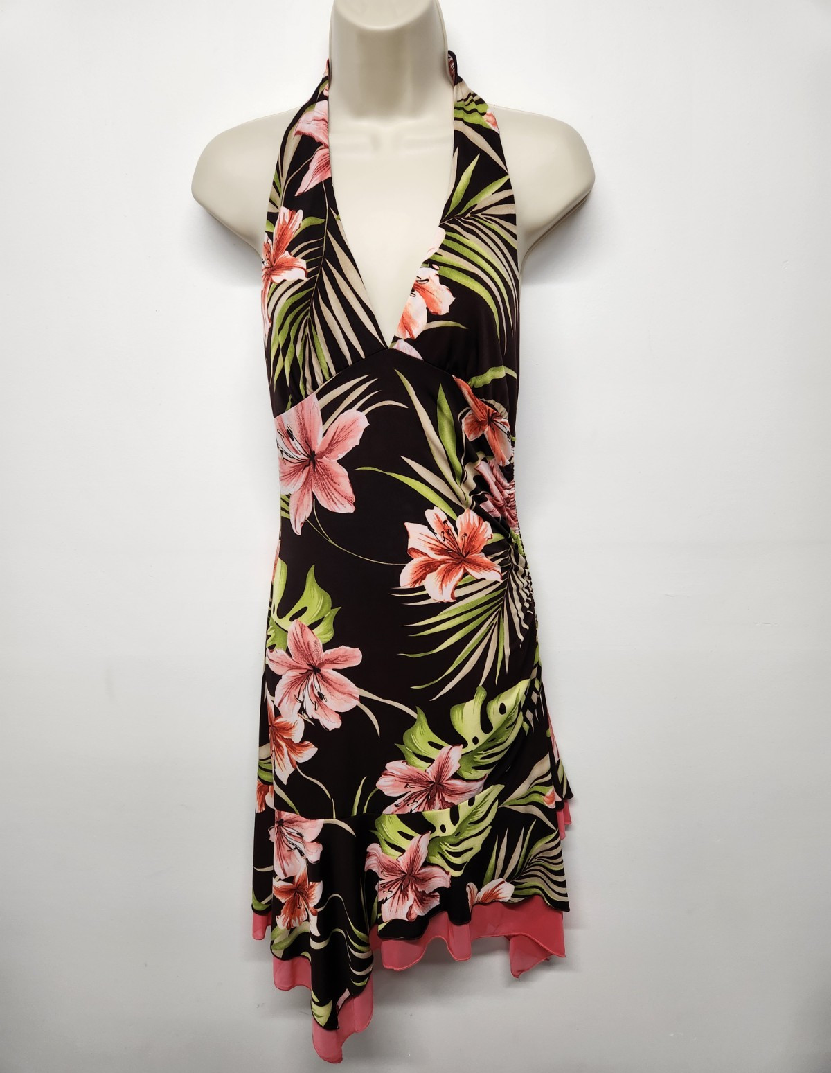 Xoxo Vintage Y2K Women’s Floral Halter Asymmetric Dress, Size M, In Brown/Coral