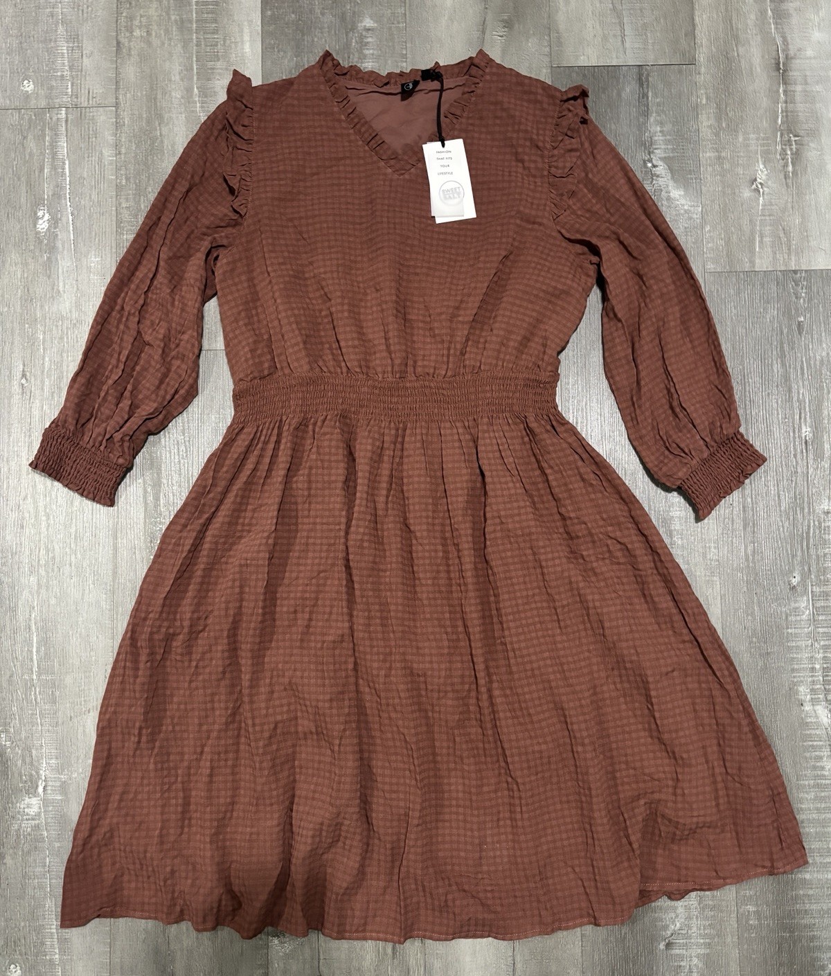 Sweet Salt Brown Check V-Neck Puff 3/4 Sleeve Smocked Lined Knee Dress L