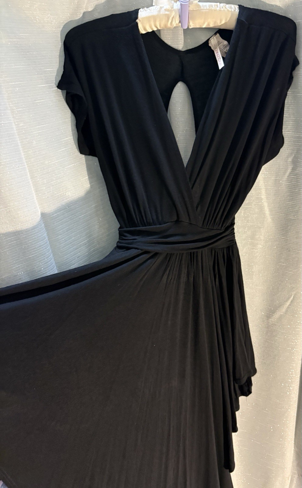 Canzone Black Plunging V-Neck Pleated Asymmetric Back Cutout Whimsigoth Dress
