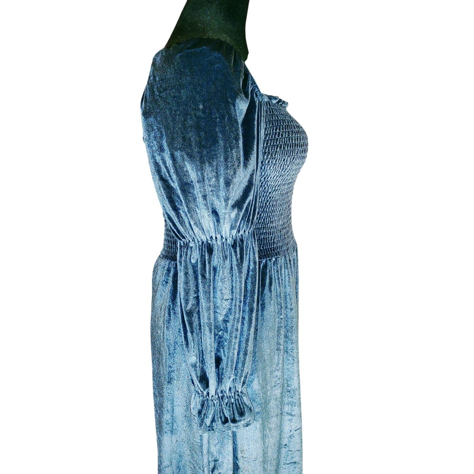 Velvet Milkmaid Smocked Square Neck Peasant Puff Sleeve Mini Dress – Blue XL