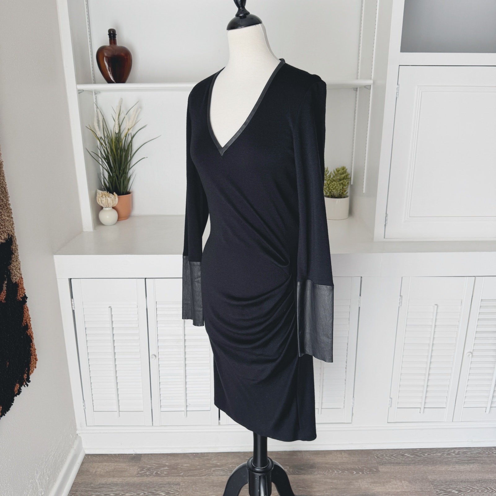 Joseph Black Wool Leather Sleeve Ruched V-Neck Muriel Midi Dress Size 10