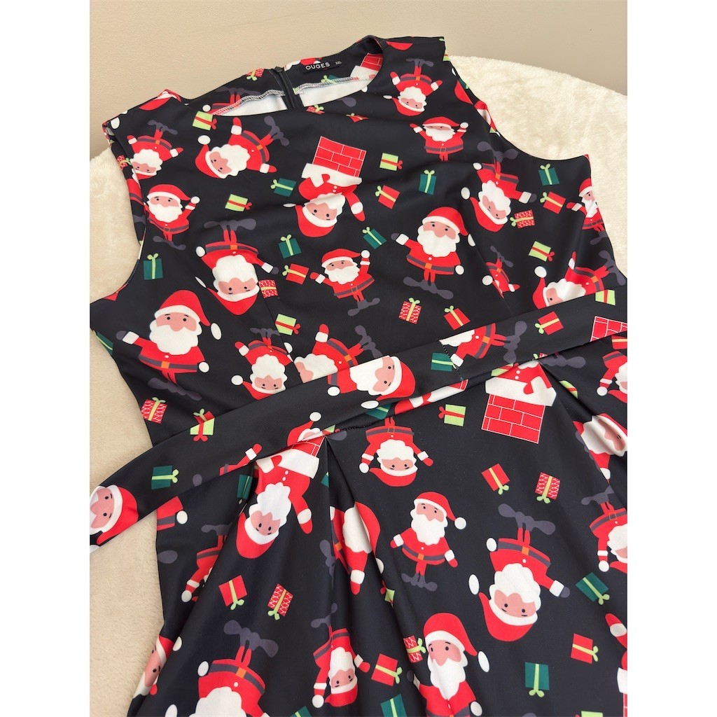 OUGES Dress Womens 2XL Black Santa Claus Christmas Print Fit & Flare Belt