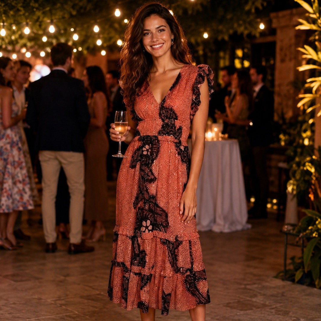 Ulla Johnson Akira Dress Size 4 Coral Floral Gold Metallic Midi Wedding Guest