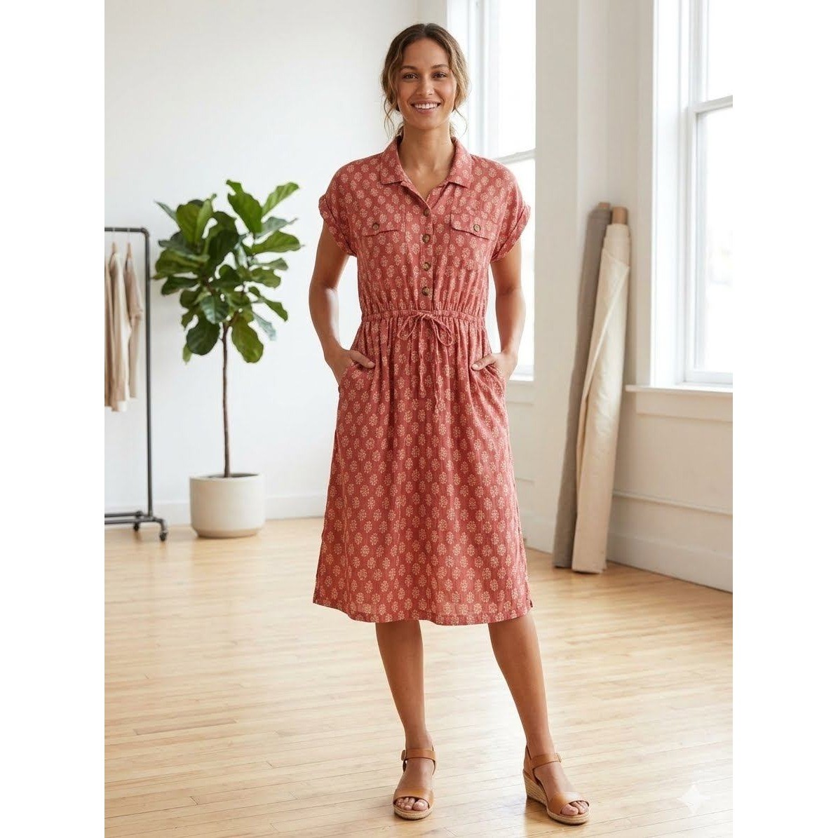 Lucky Brand Red Medallion Print Button Front Shirt Dress Large