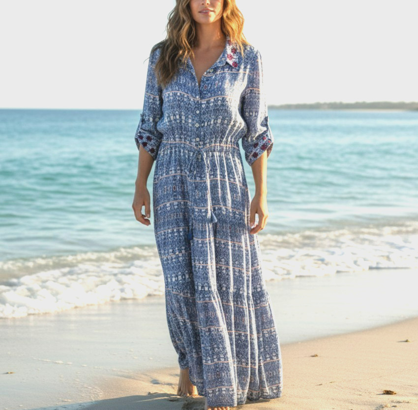 Carolina K Embroidered Maxi Dress Size XS Blue Cotton Roll Tab Sleeves Boho