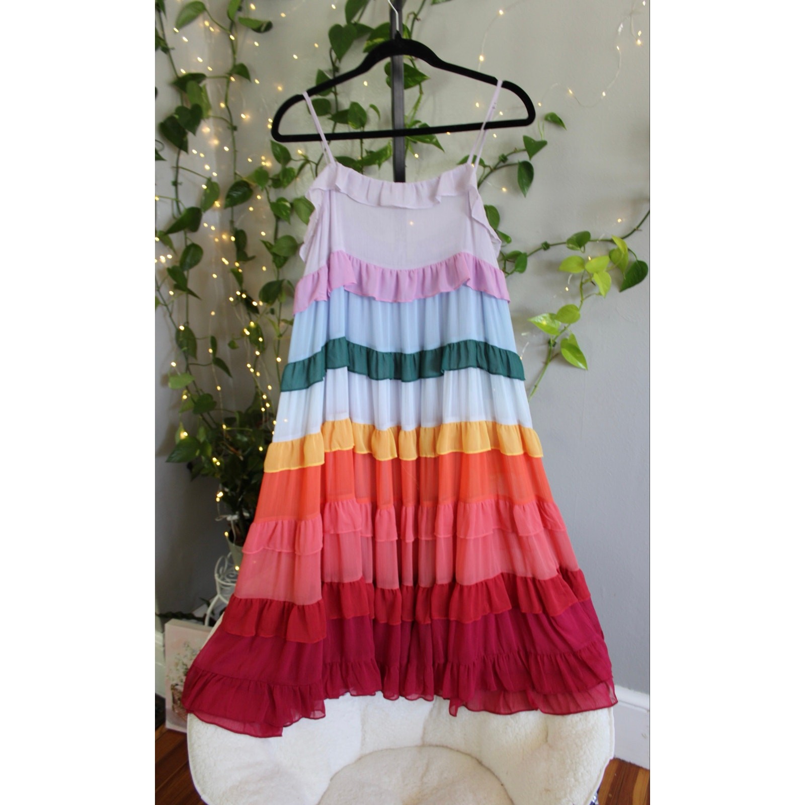 STORIA Rainbow Tiered Ruffle Babydoll Mini Dress Size Small NWOT