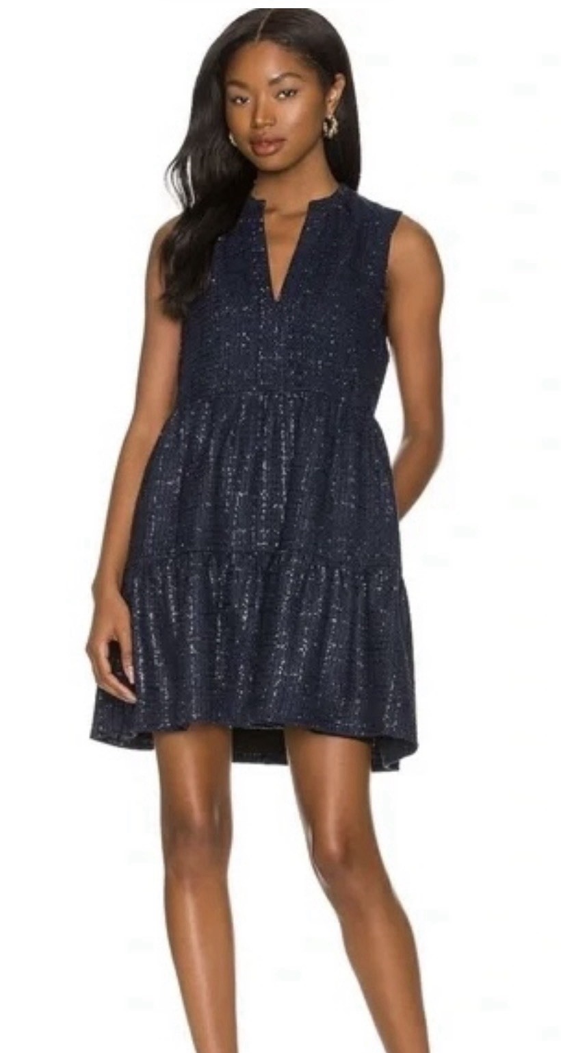 Amanda Uprichard Rylee Mini Navy Tiered Dress Size M Boucle Sparkle Tweed
