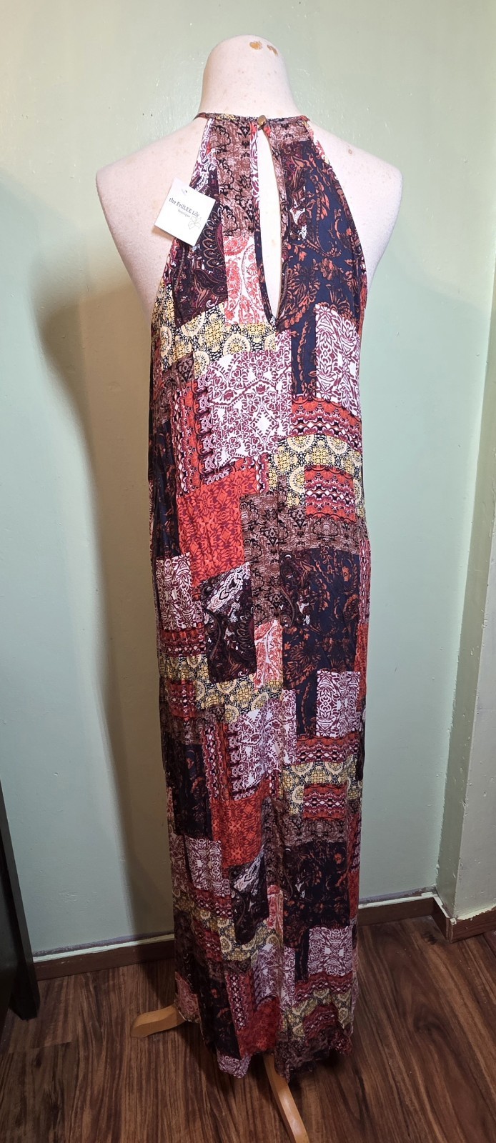 Boho Patchwork Print Halter Maxi Dress M Crochet Neck Retro Festival Beach NWT