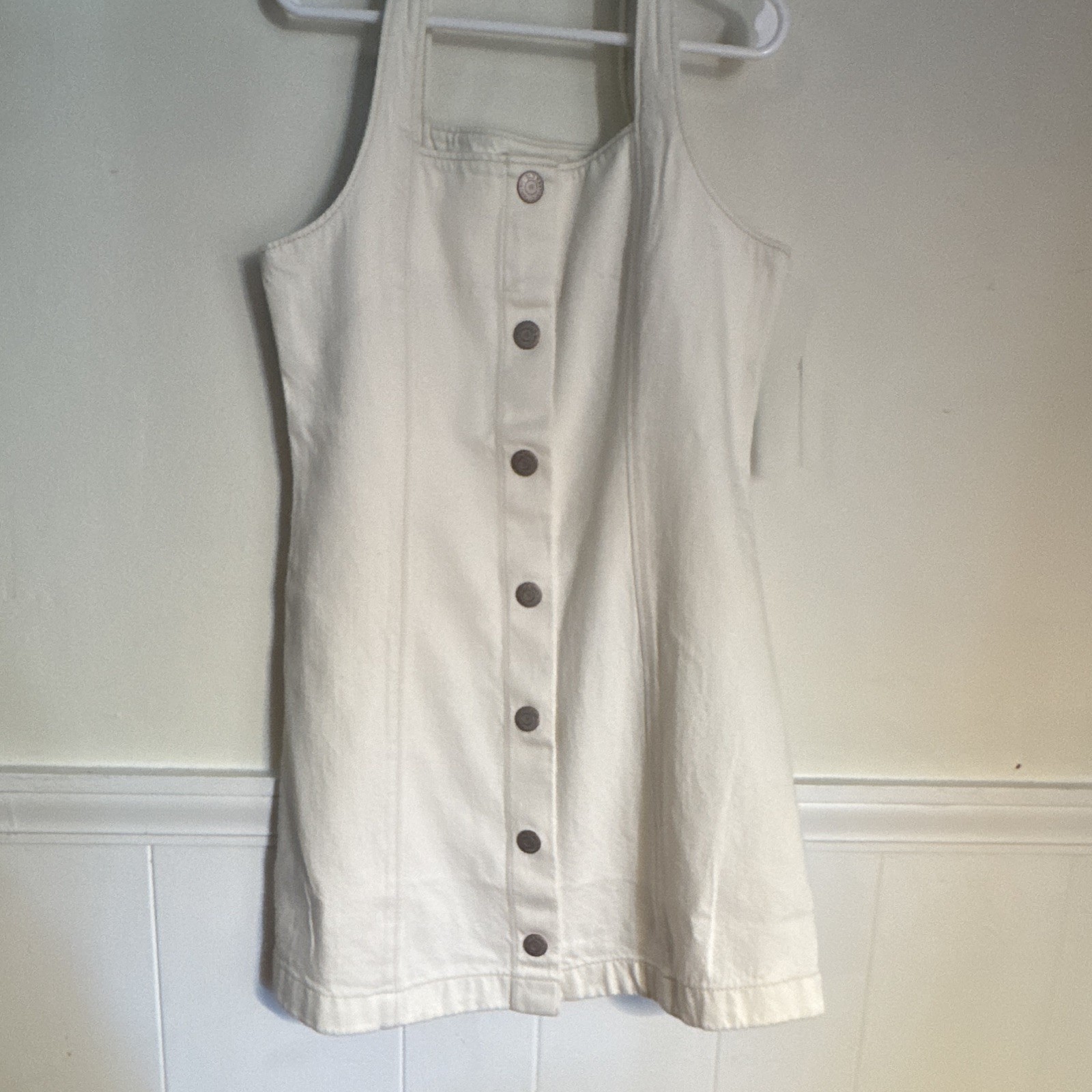 Old Navy White Cotton Denim Button-Front Square Neck Mini Dress Pockets M