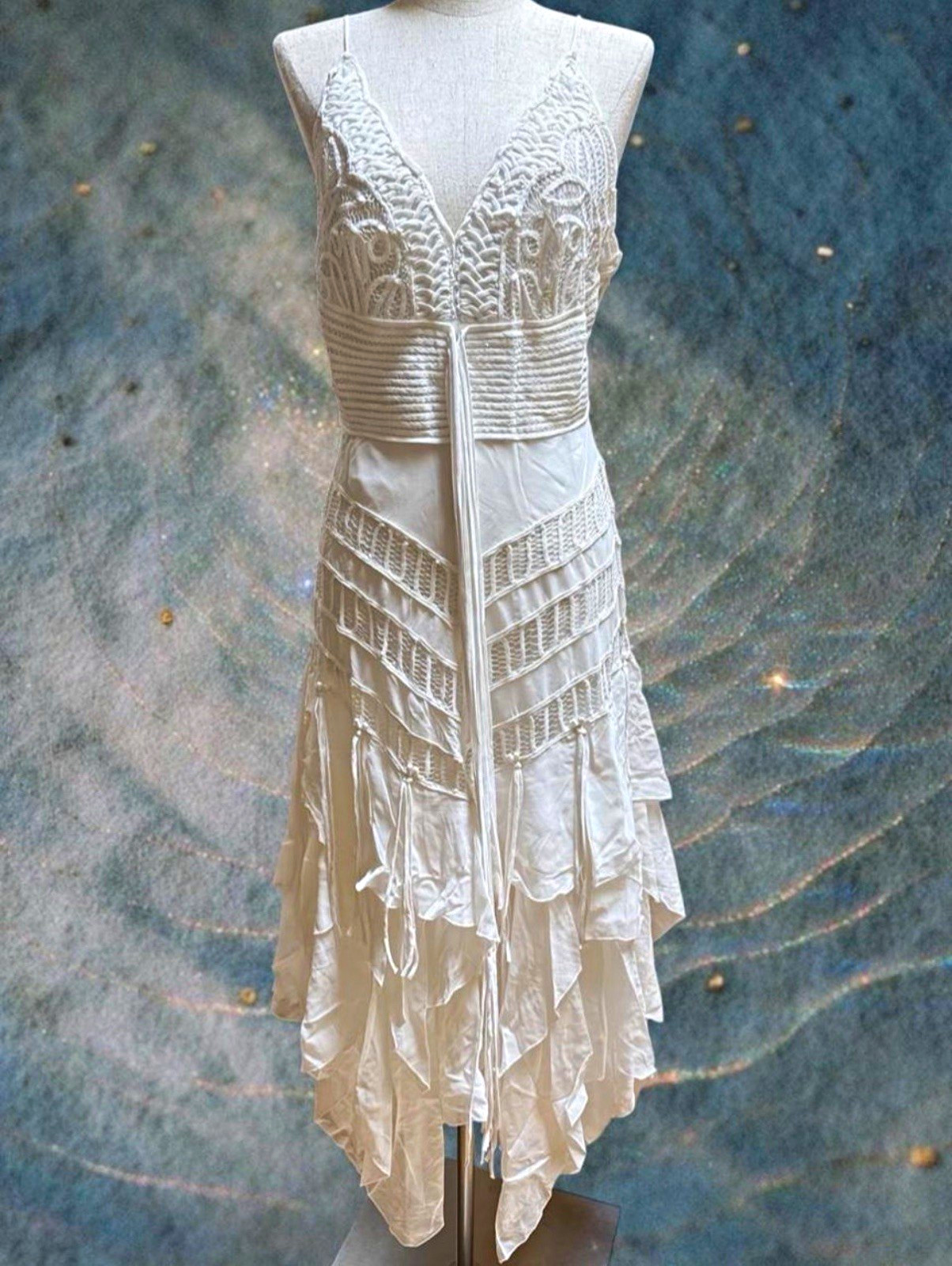 Ania.A White Silk Lace Embroidered V-Neck Midi Slip Dress XL