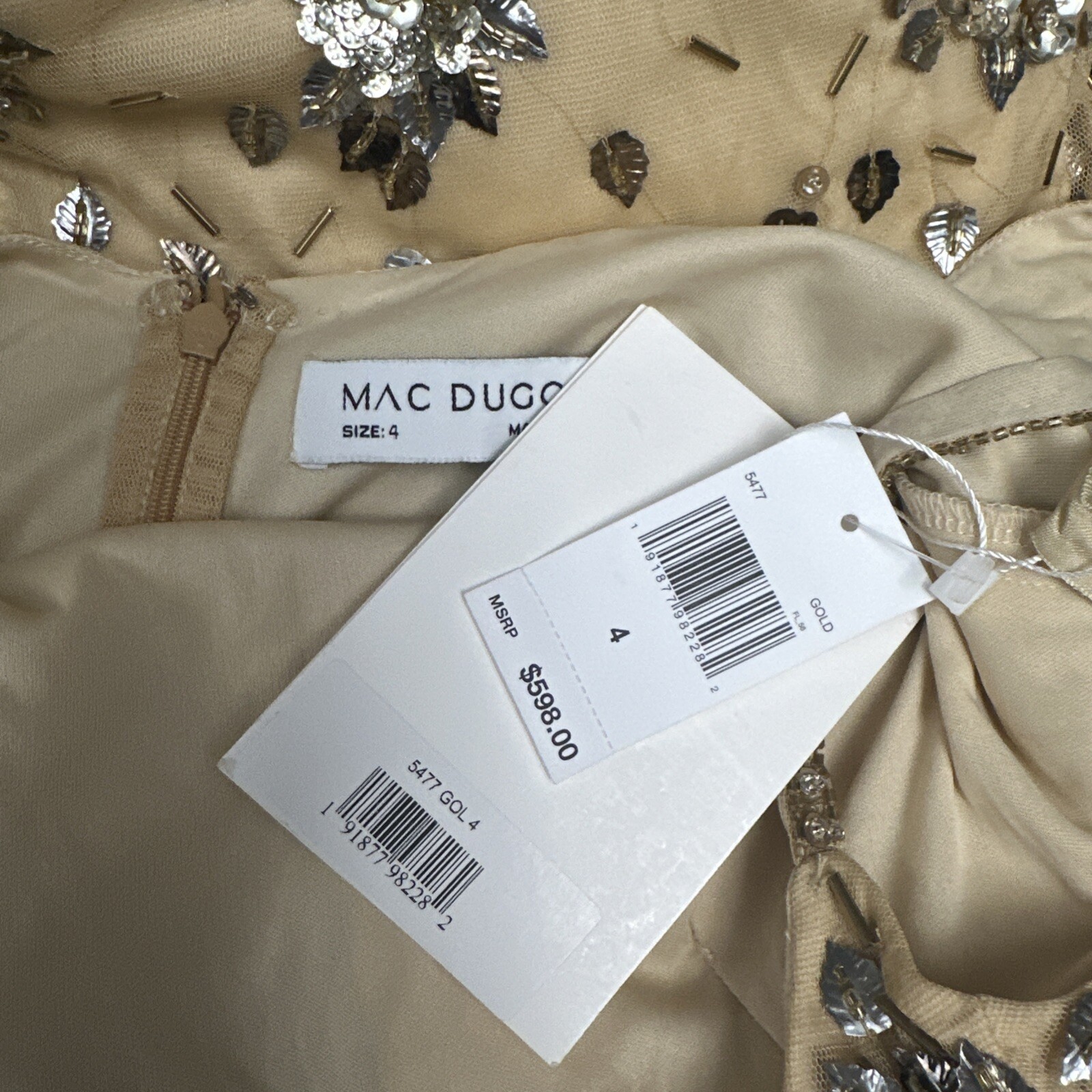 NWT $598 Mac Duggal [ 4 ] 5477 Floral Embellished Scoop Neck Gown Gold J1177