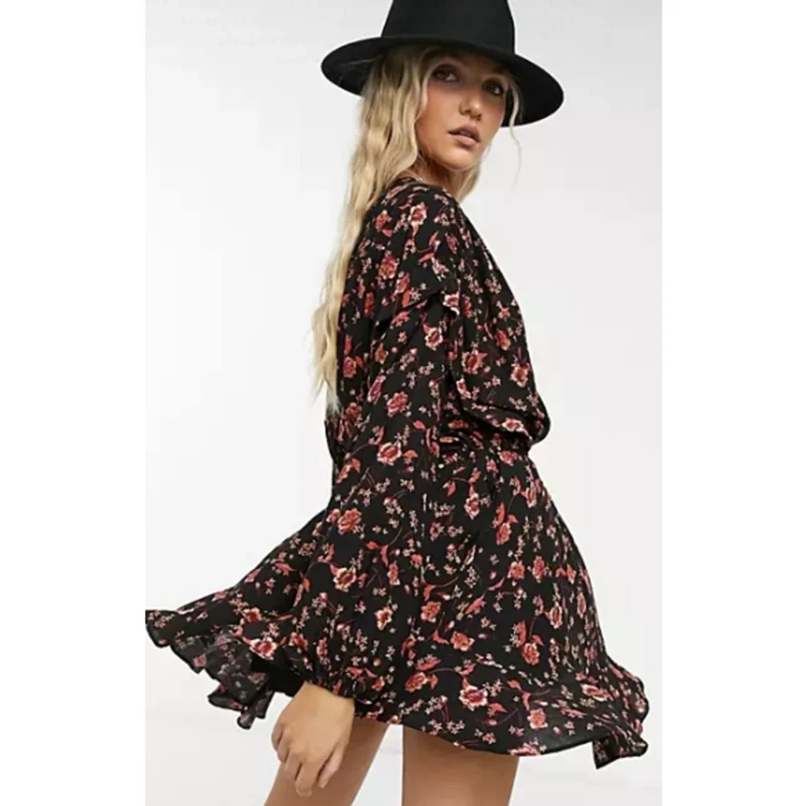 Boho Black Ditsy Floral Button Down Peplum Blouse Tiered Ruffle Top
