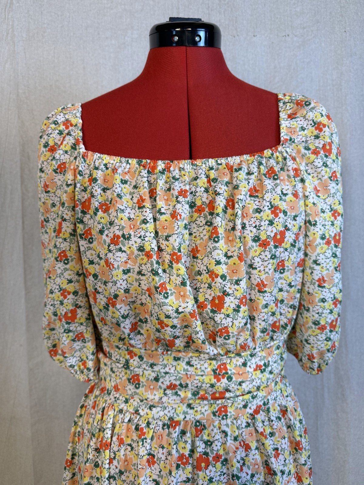 BTFBM Dress Size M Midi 3/4 Sleeve Floral Adjustable Waist Back Tie Boho D652