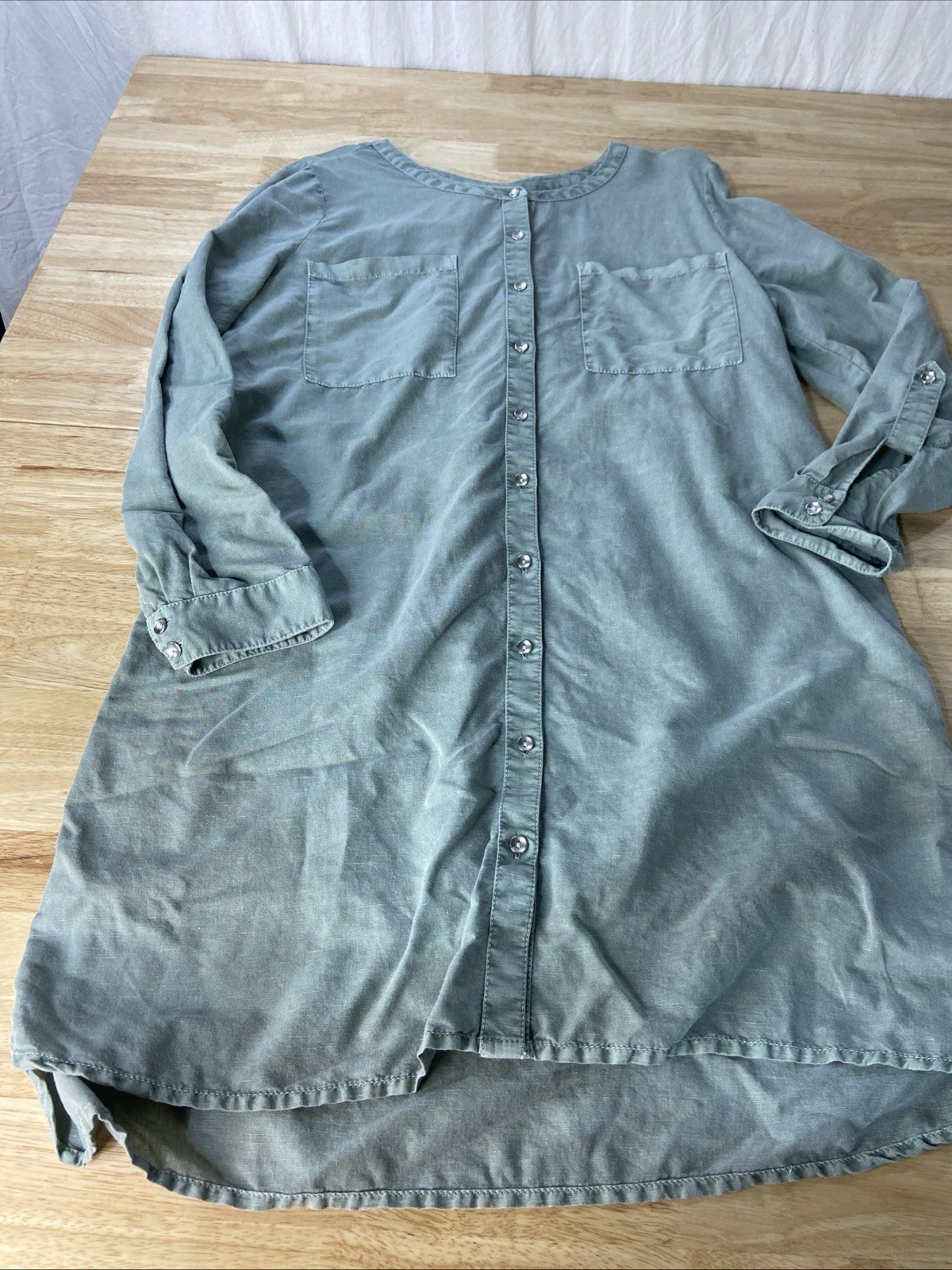 Caslon Green Button Down Long Roll Up Tab Sleeves Midi Linen Cotton Dress XL