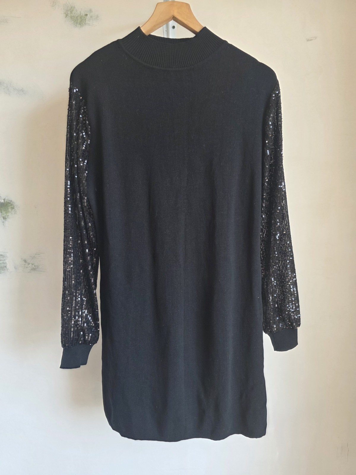 LAETITIA MEM Black Sequin Sleeve Jumper Dress Tunic Size UK 12 Party Sparkle y2k