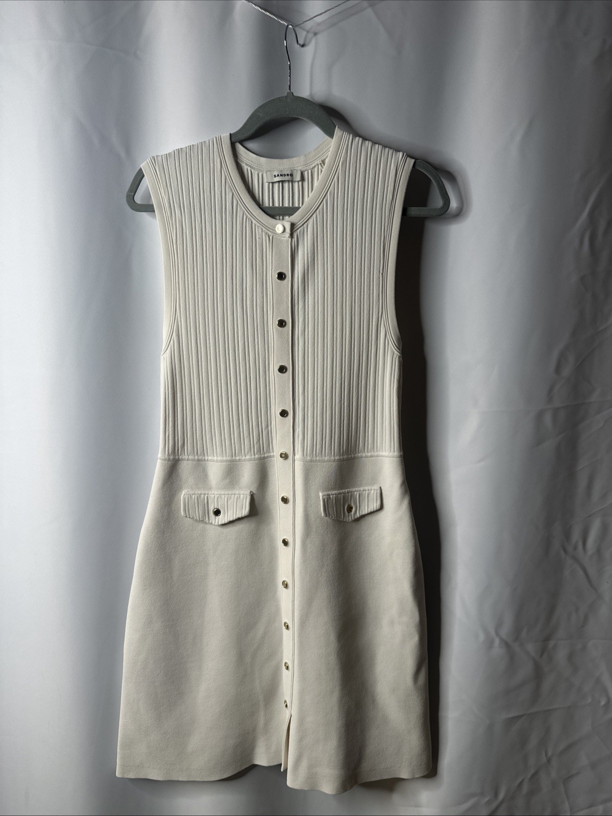 Sandro Off-White Rib Knit Mini Dress Size 40 with Stain