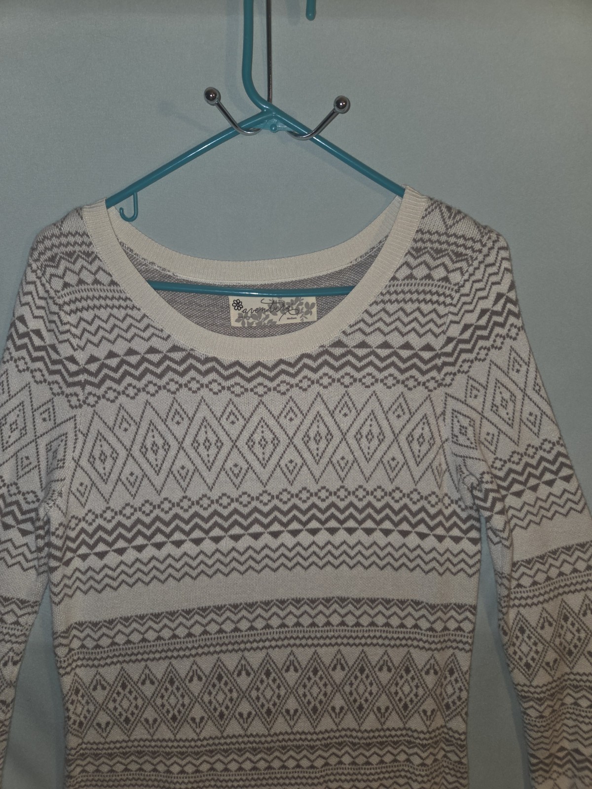 Aventura Beige Patterned Long Sleeve Scoop Neck Knee Length Sweater Dress Size M