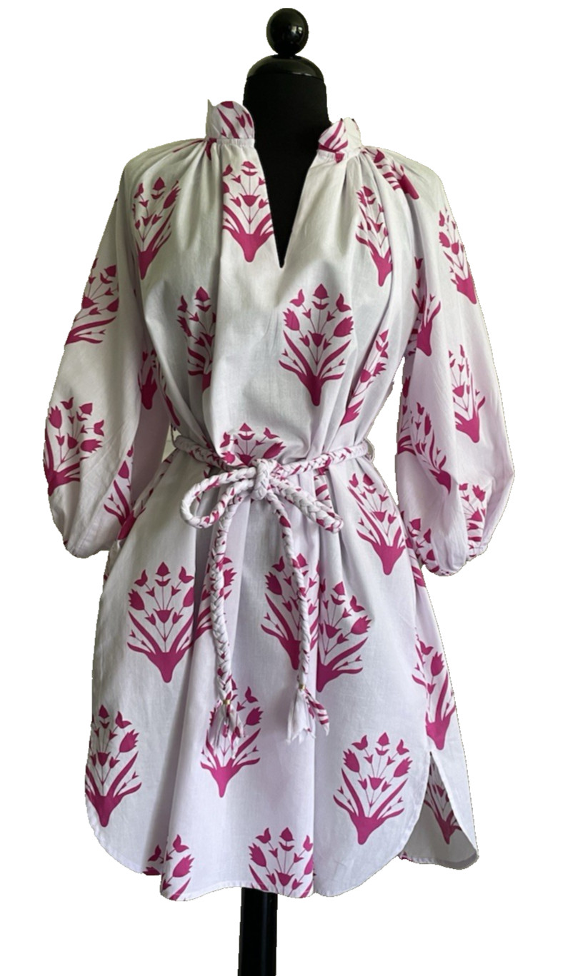 Caryn Lawn Pippi Dress Pink Floral Block Print Belted Puff Sleeve Size OS