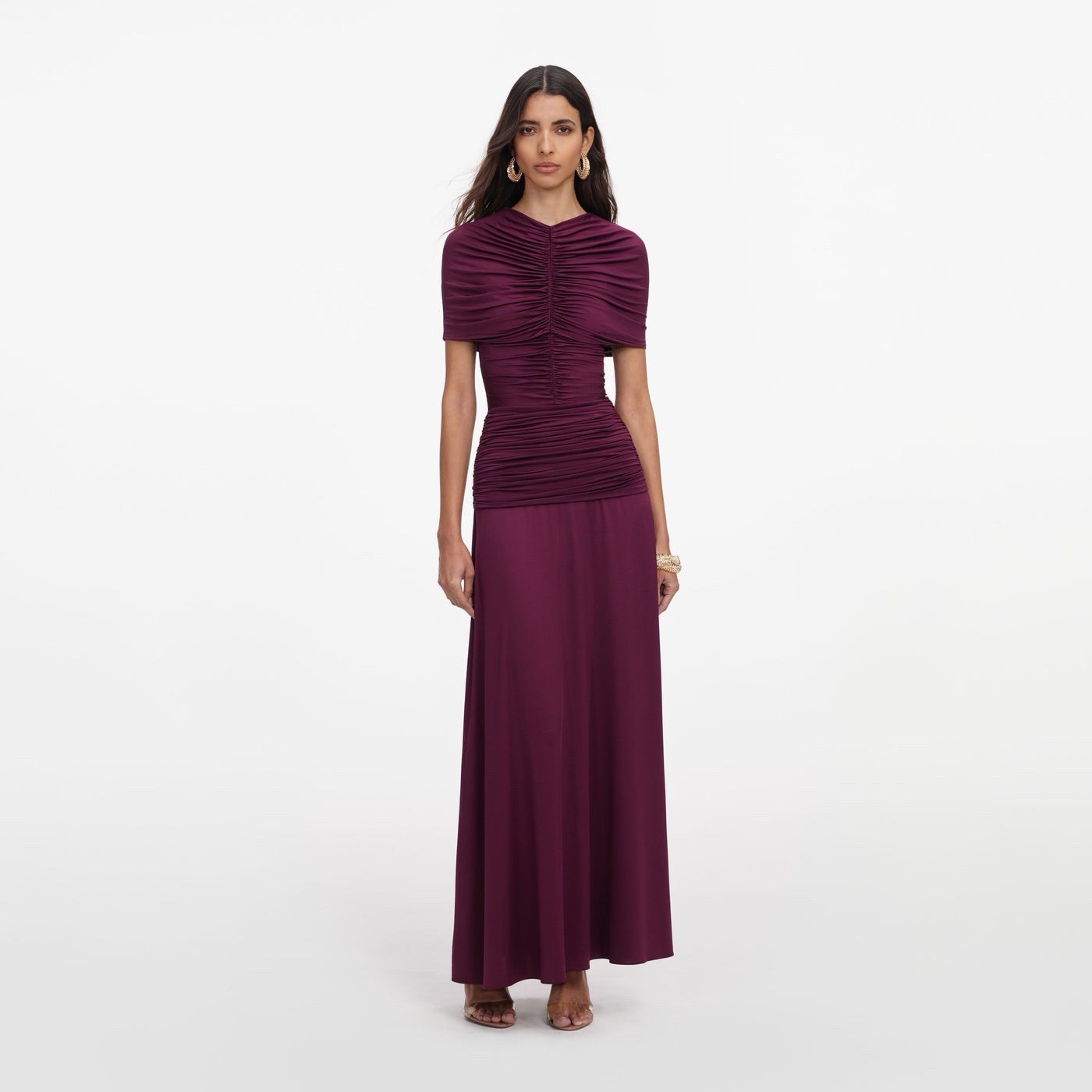 Self Portrait DRESS BURGUNDY JERSEY GATHERED MIDI $650 Size US 2 UK 6