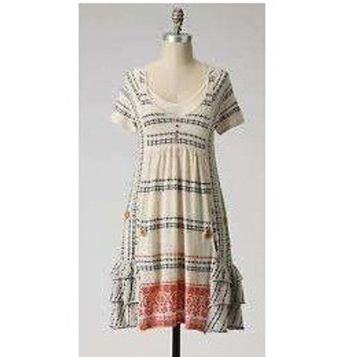 Anthropologie Moth Knit Dress Beige Red Black Embroidered Ruffle Hem Small