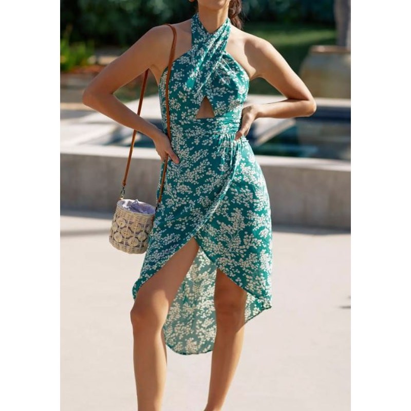 BY ANTHROPOLOGIE NEW $148 Green Floral Print Halter Dress Asymmetrical Hem Large