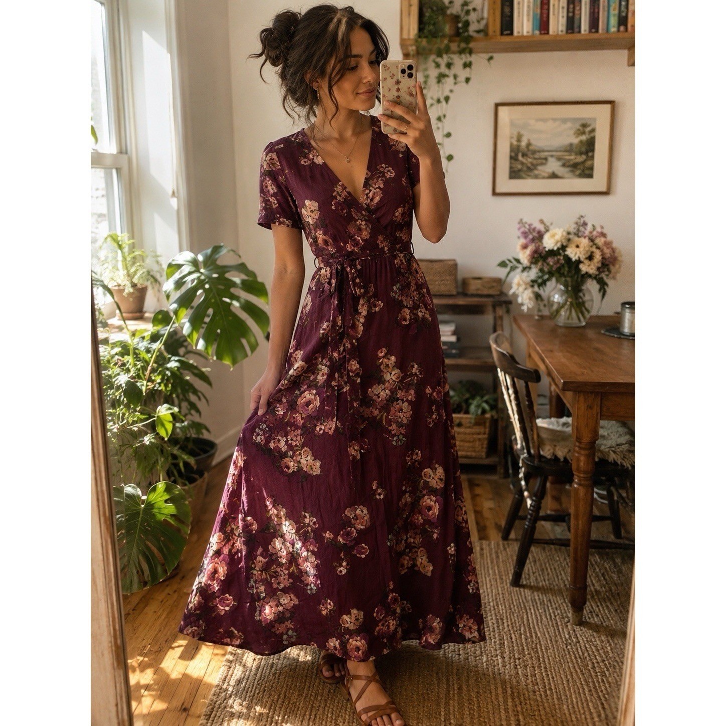 Floral Wrap Maxi Dress Dusty Plum Mauve Rose Boho Cottagecore Wedding Guest Sml