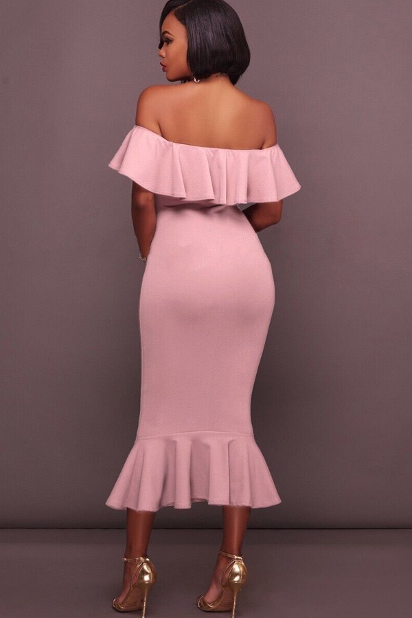 Pretty in Pink: Off-Shoulder Ruffled Mermaid Midi Party Dress