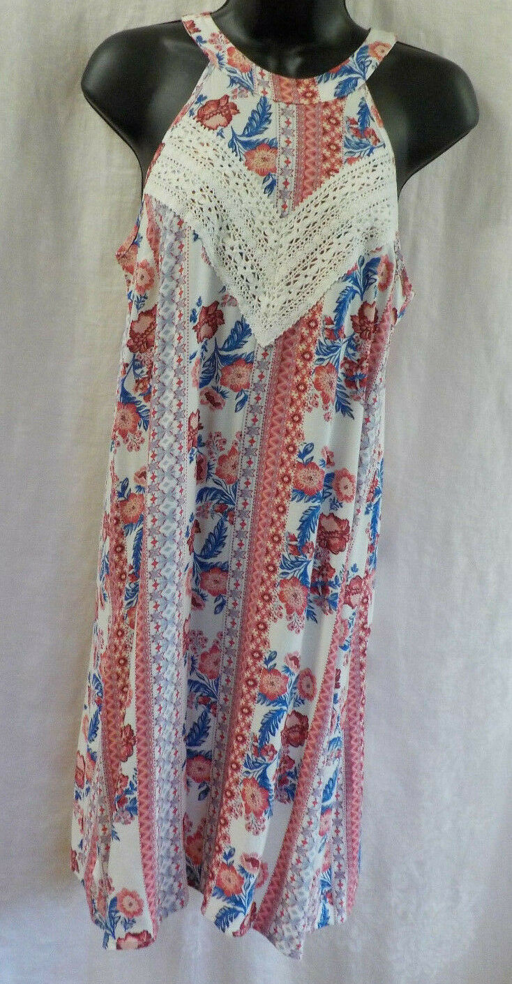 Pink Rose Dress Size S NWT Ivy Floral Colorblock Print Crochet Applique Keyhole